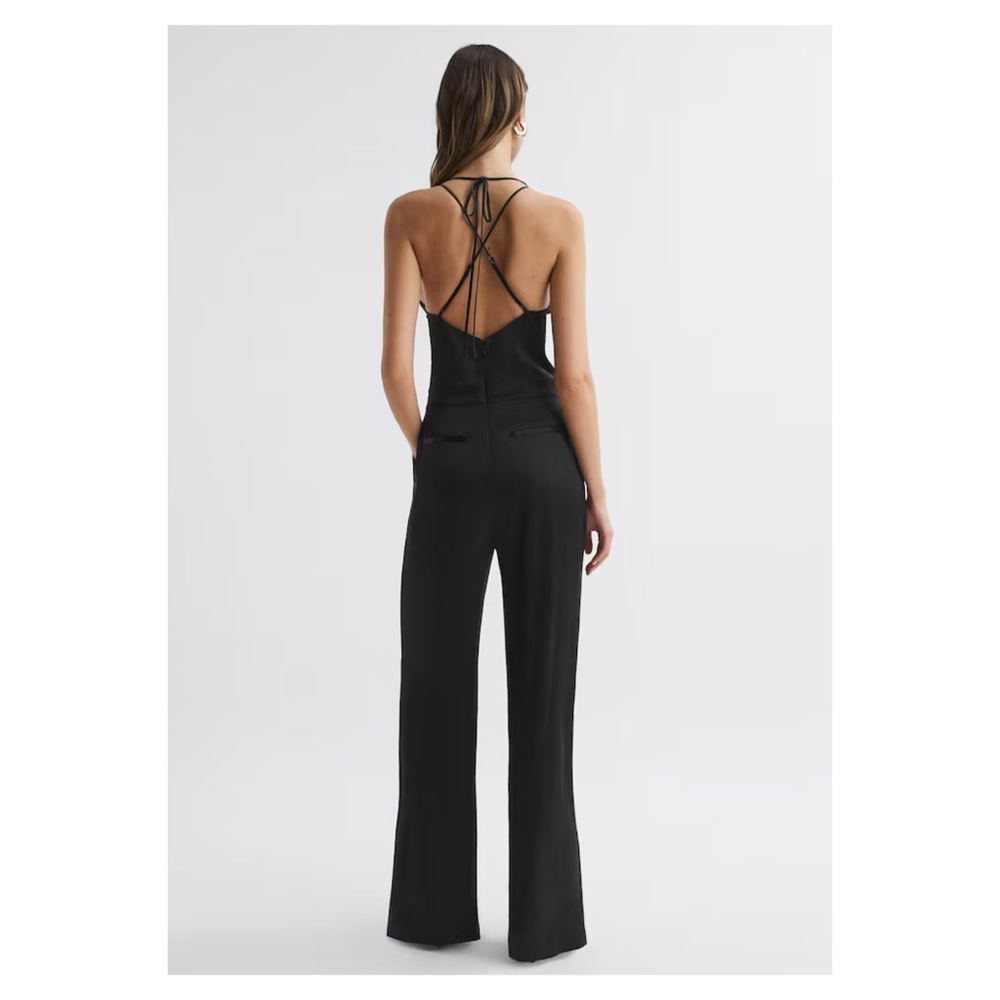 New! REISS Malia Cowl Neck Open Back Satin Jumpsuit In Black - Picture 4 of 11